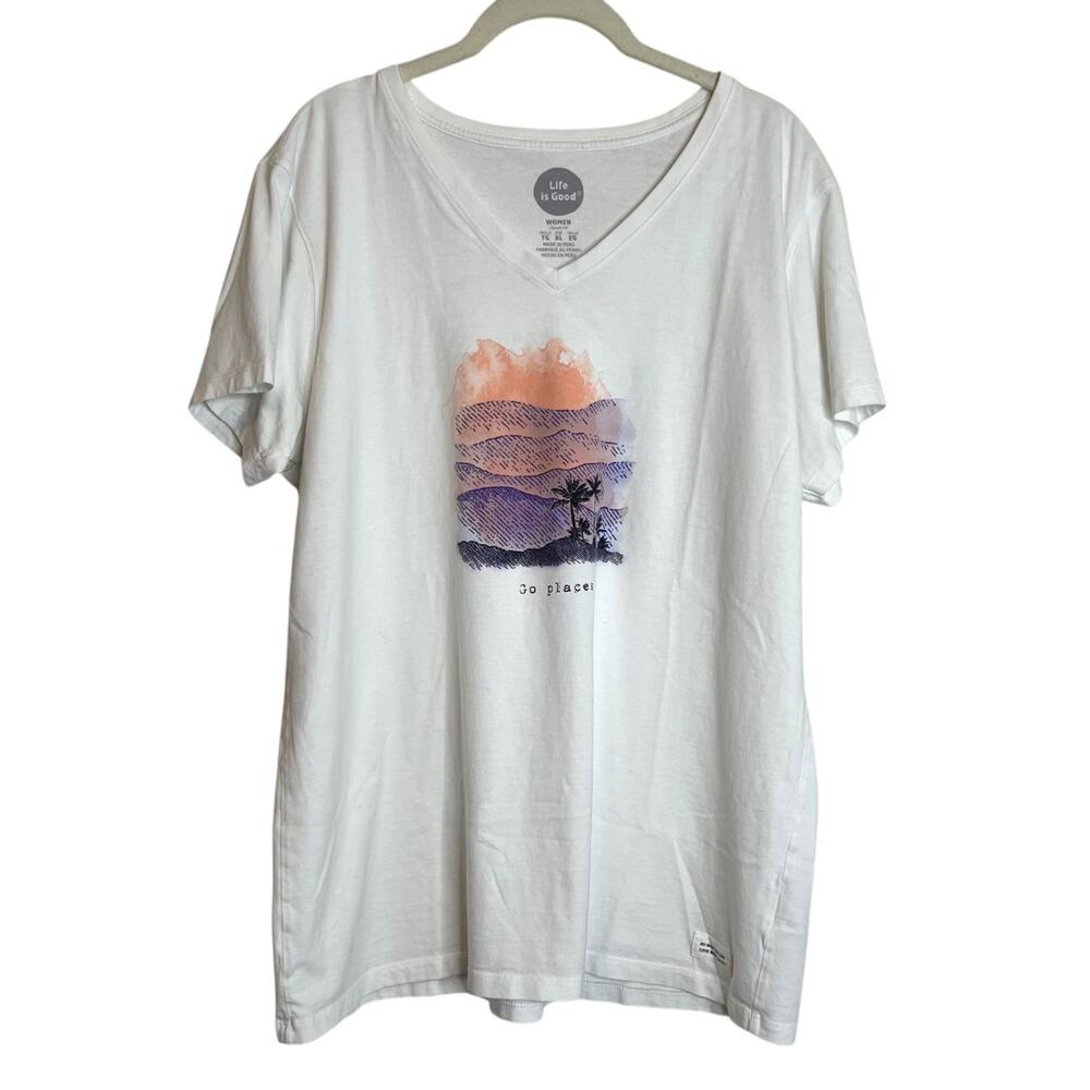 Life is Good Womens Graphic Tee XL White Palm Tree Go Places V-Neck Short Sleeve